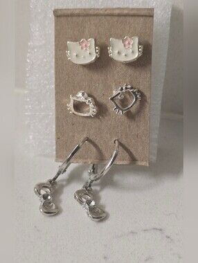 Hello Kitty Silver Tone Stud & Hoop Earring Set 3Pk